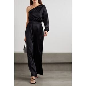 Rivet Utility Flirt Jumpsuit Black‎ Satin One Shoulder Wide Leg Sz XL